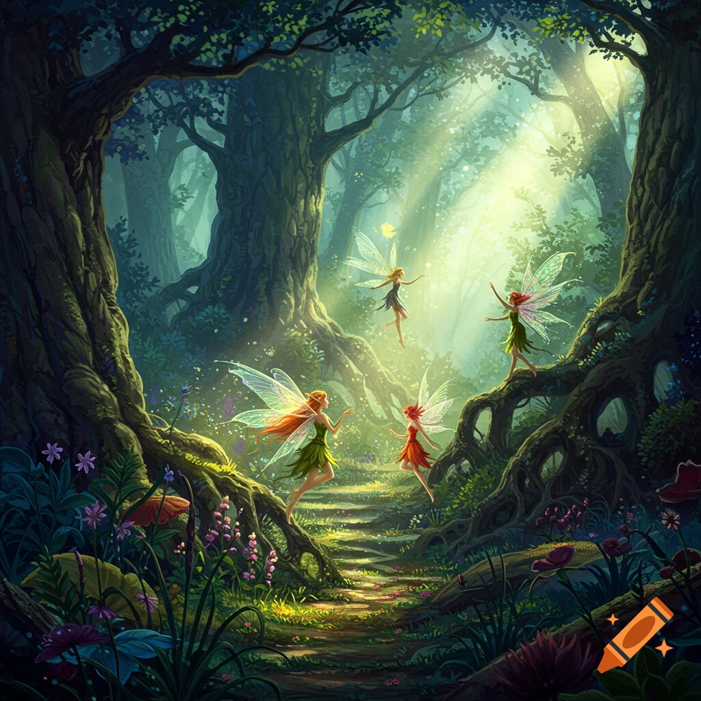 Fairies flying and dancing in a magical forest with sunlight filtering through trees.