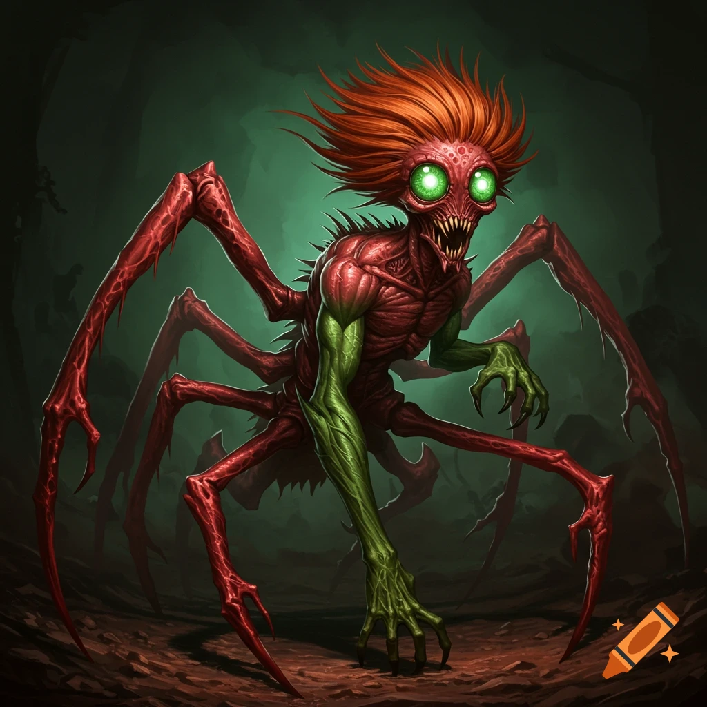A red-skinned monster with green eyes, orange spiky hair, six red legs, and a green arm in a dark cave.