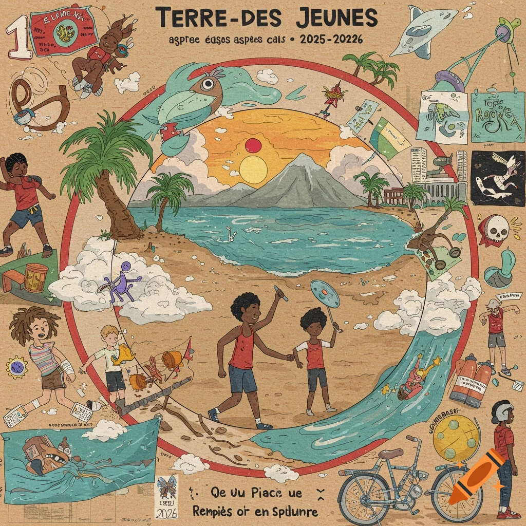 Stylized illustration of a busy beach scene with people doing sports and activities, text reads 'Terre-des-Jeunes 2025-2026'.