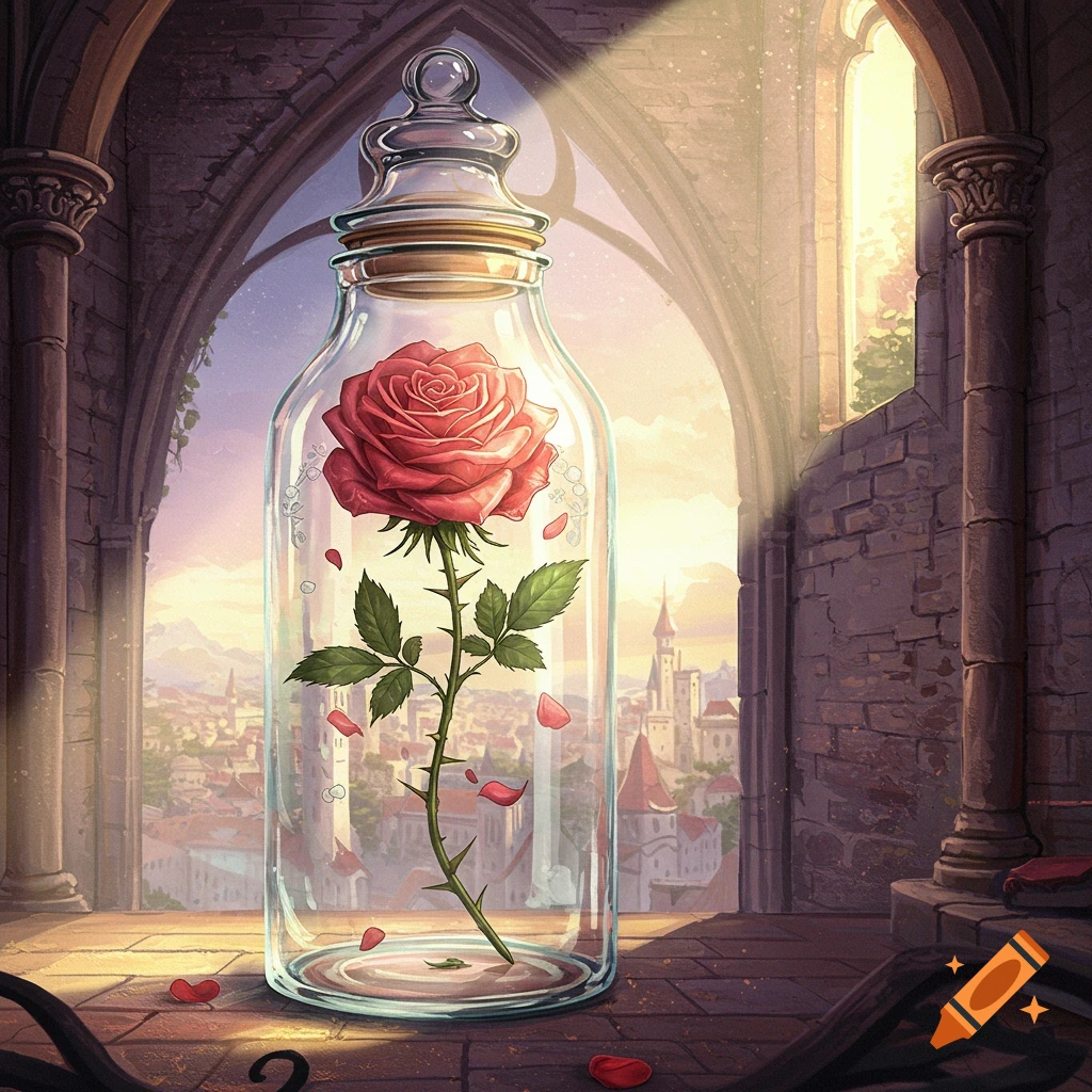 A single red rose in a glass jar sits on a stone ledge overlooking a castle town.