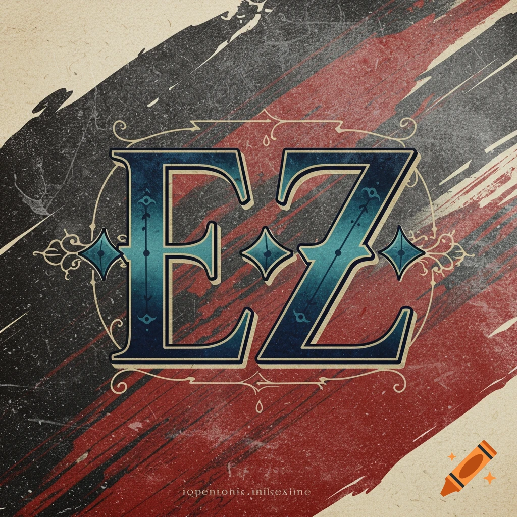 Stylized letters EZ in fancy calligraphy over a red and black distressed background