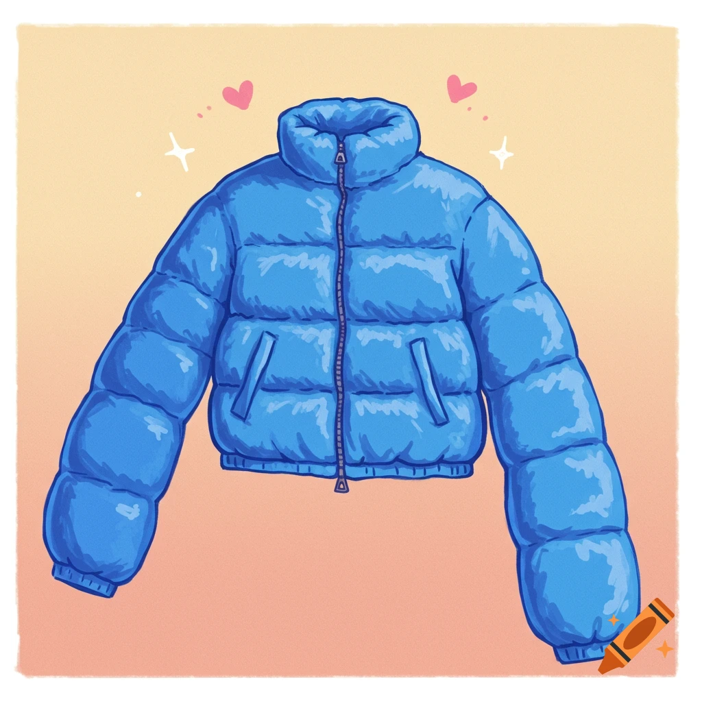 A cute illustration of a blue puffer jacket with long arms and hearts.
