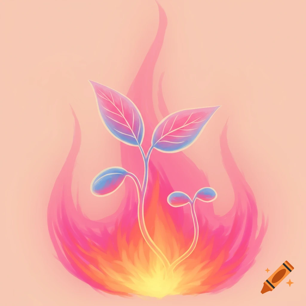 Stylized pink and blue seedlings growing from vibrant flames on a peach background