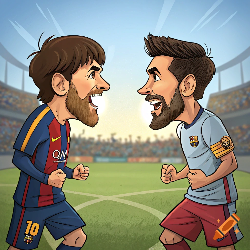 Cartoon illustration of two footballers facing off in a stadium. on Craiyon