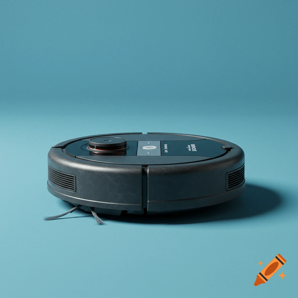 A grey robot vacuum cleaner sits on a blue surface.