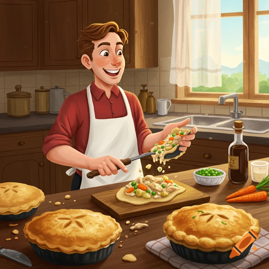 Man in an apron making chicken pot pie in a kitchen, illustration style.