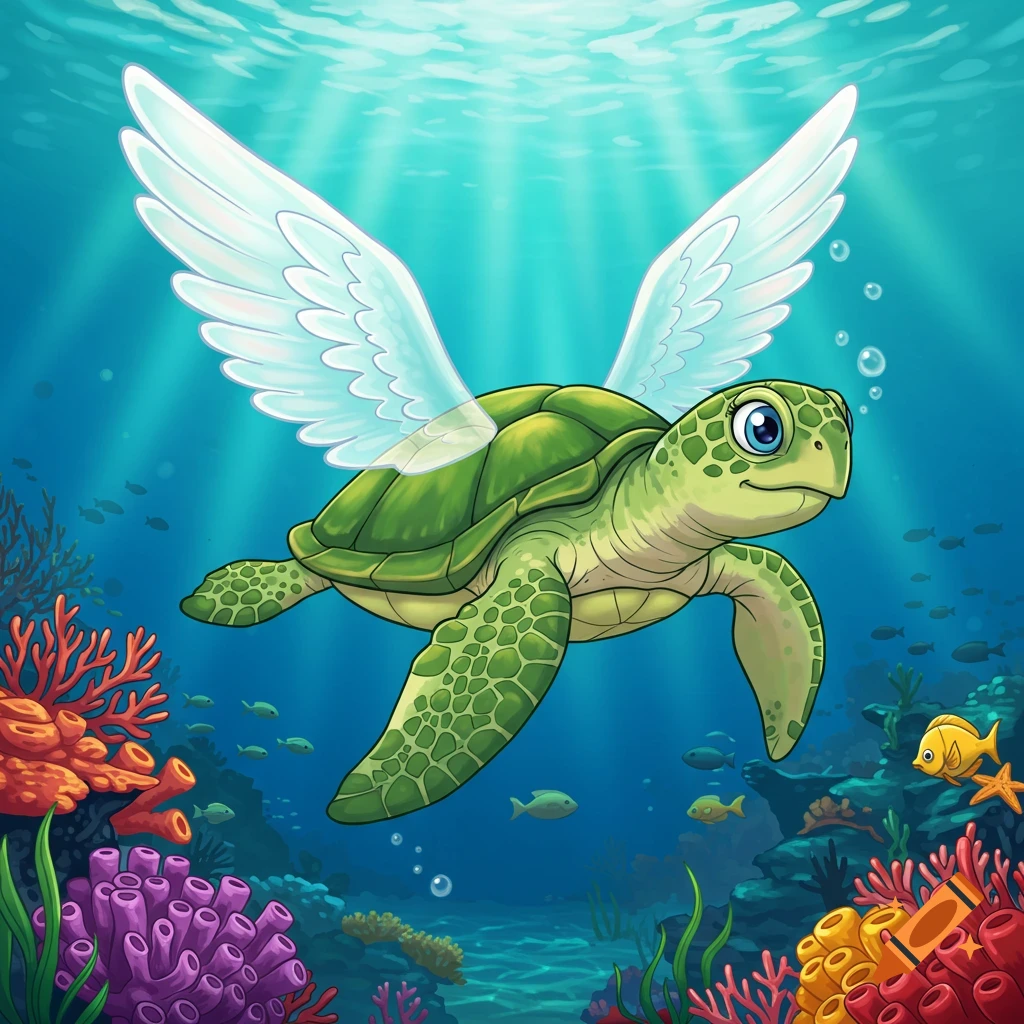 Cartoon sea turtle with translucent wings swimming underwater near colorful coral reef