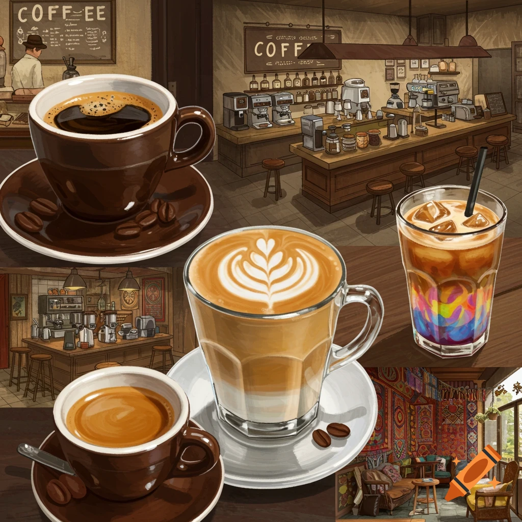 Illustration collage of various coffee drinks and cafe scenes.