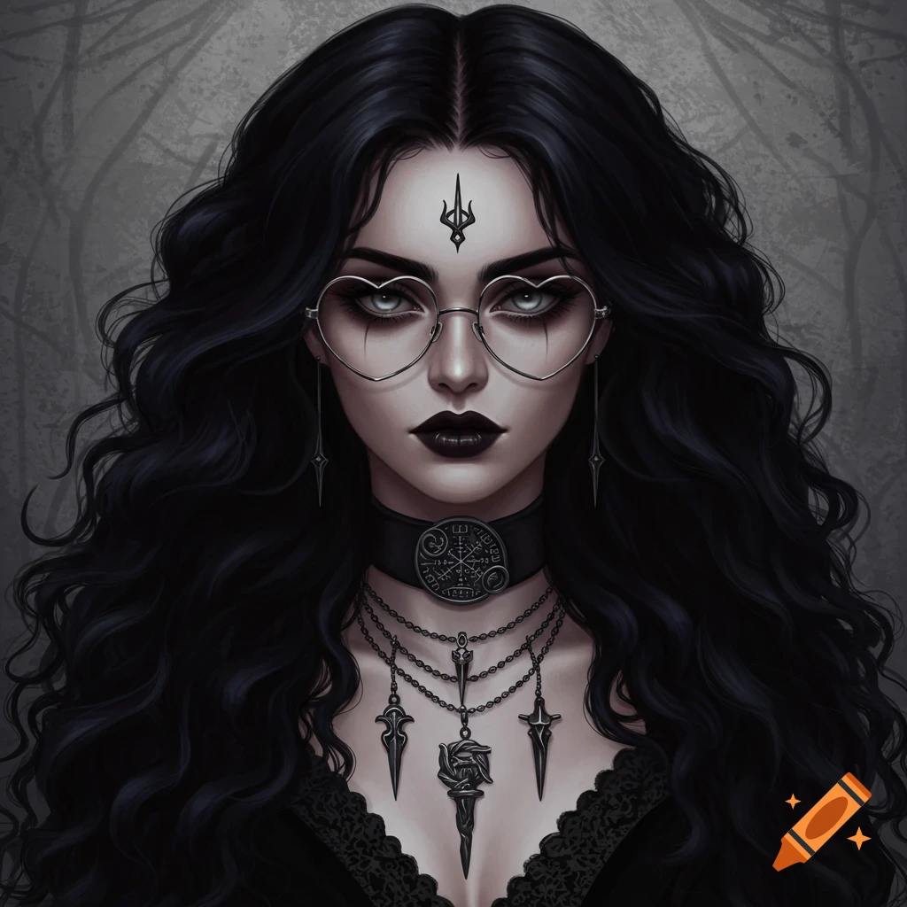 Illustration of a gothic woman with black hair, heart glasses, dark makeup, and necklaces.