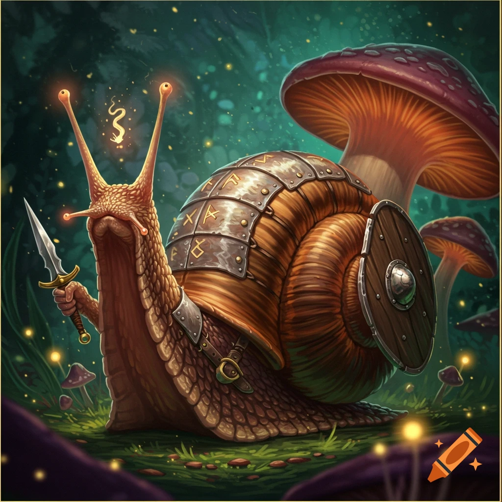 A snail warrior wearing armor, holding a sword and shield, standing among glowing mushrooms.