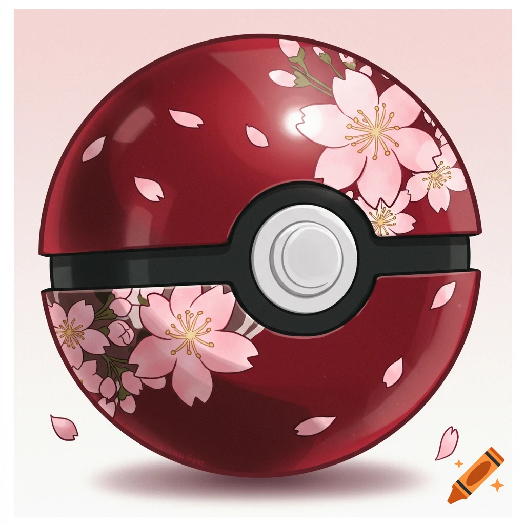 A red Pokeball decorated with pink cherry blossoms and petals, in an anime illustration style.