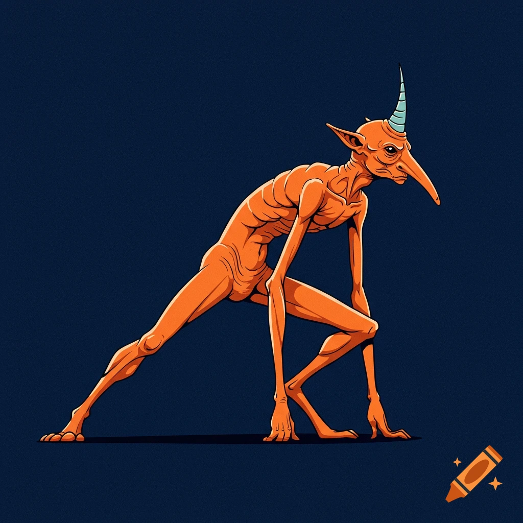 Illustration of a skinny orange creature with a long nose and one horn on a dark background.