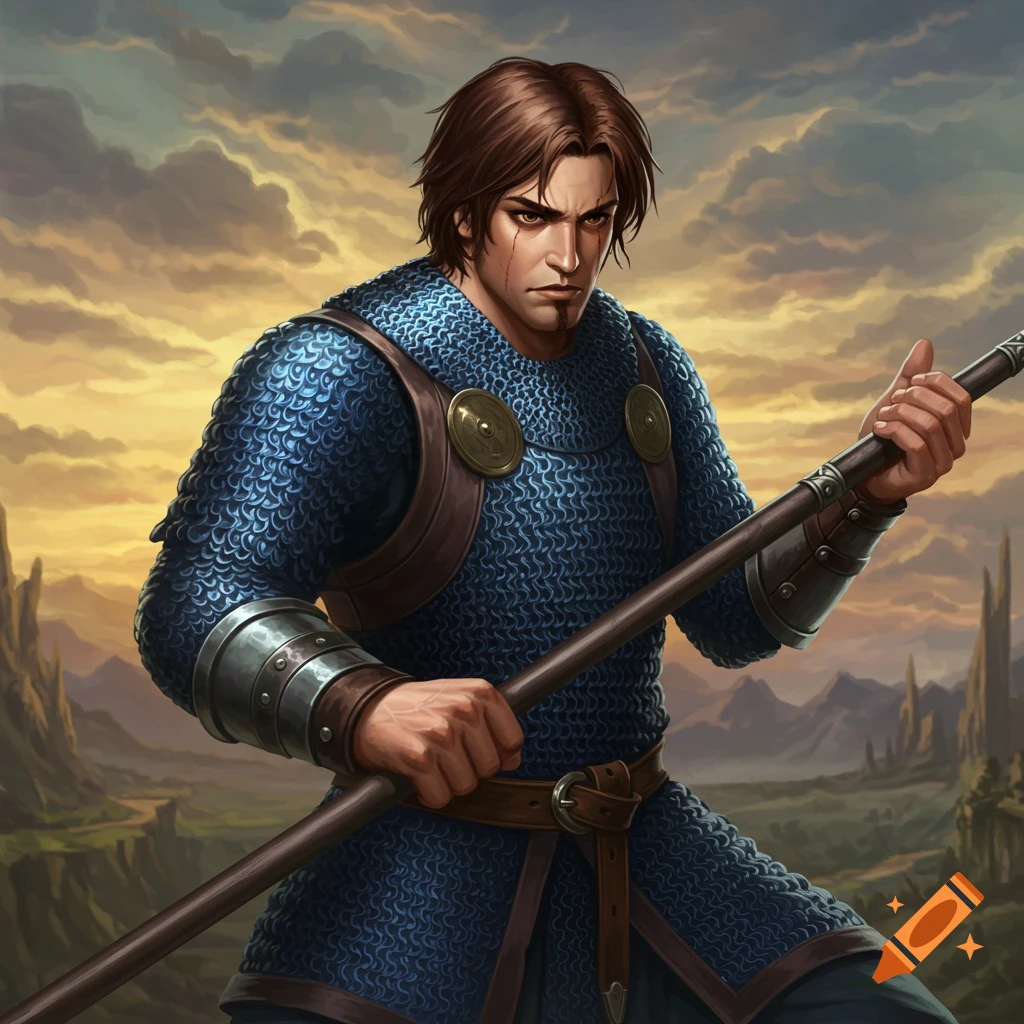 A male warrior in blue chainmail holds a spear, standing in a fantasy landscape at sunset.