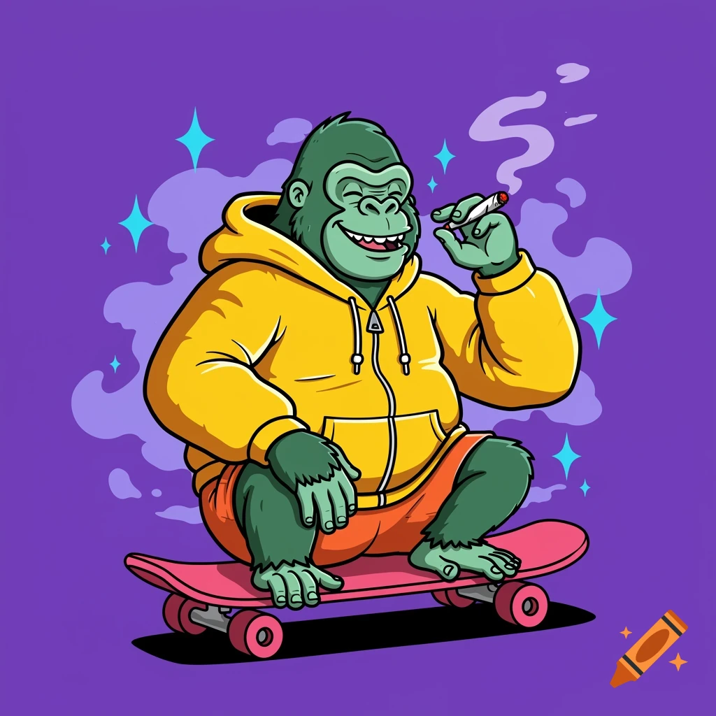 Cartoon gorilla in yellow hoodie smoking on a pink skateboard