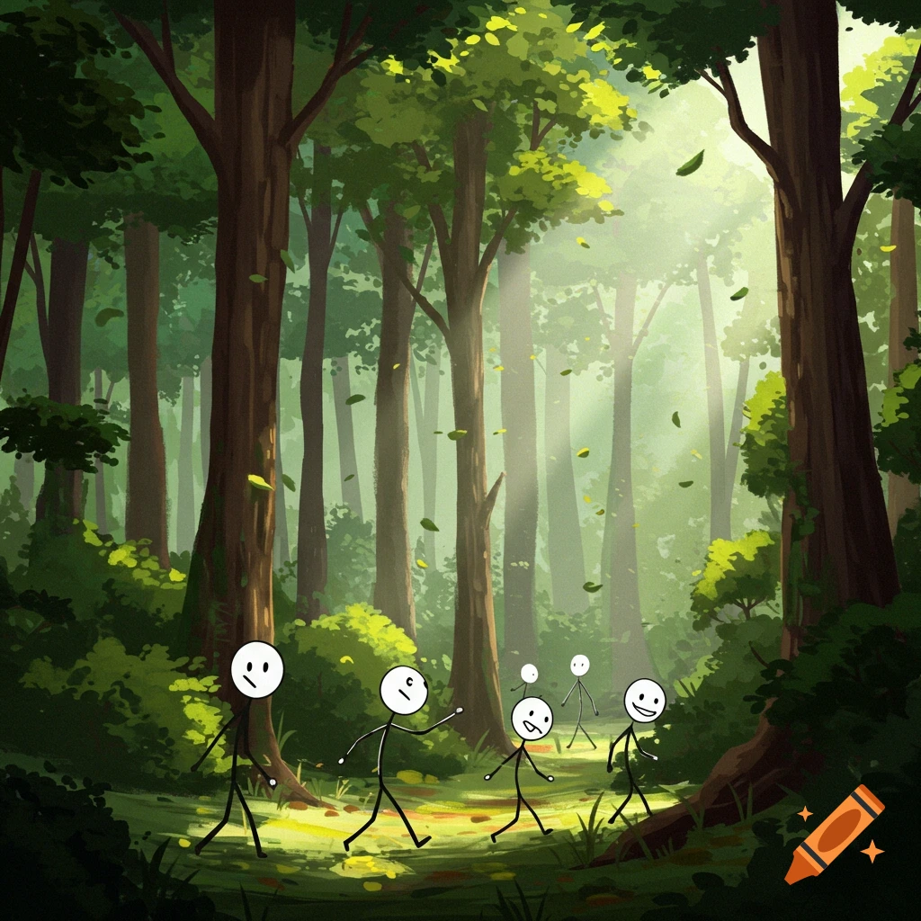 Stick figures walk through a sunlit forest path, illustration style.