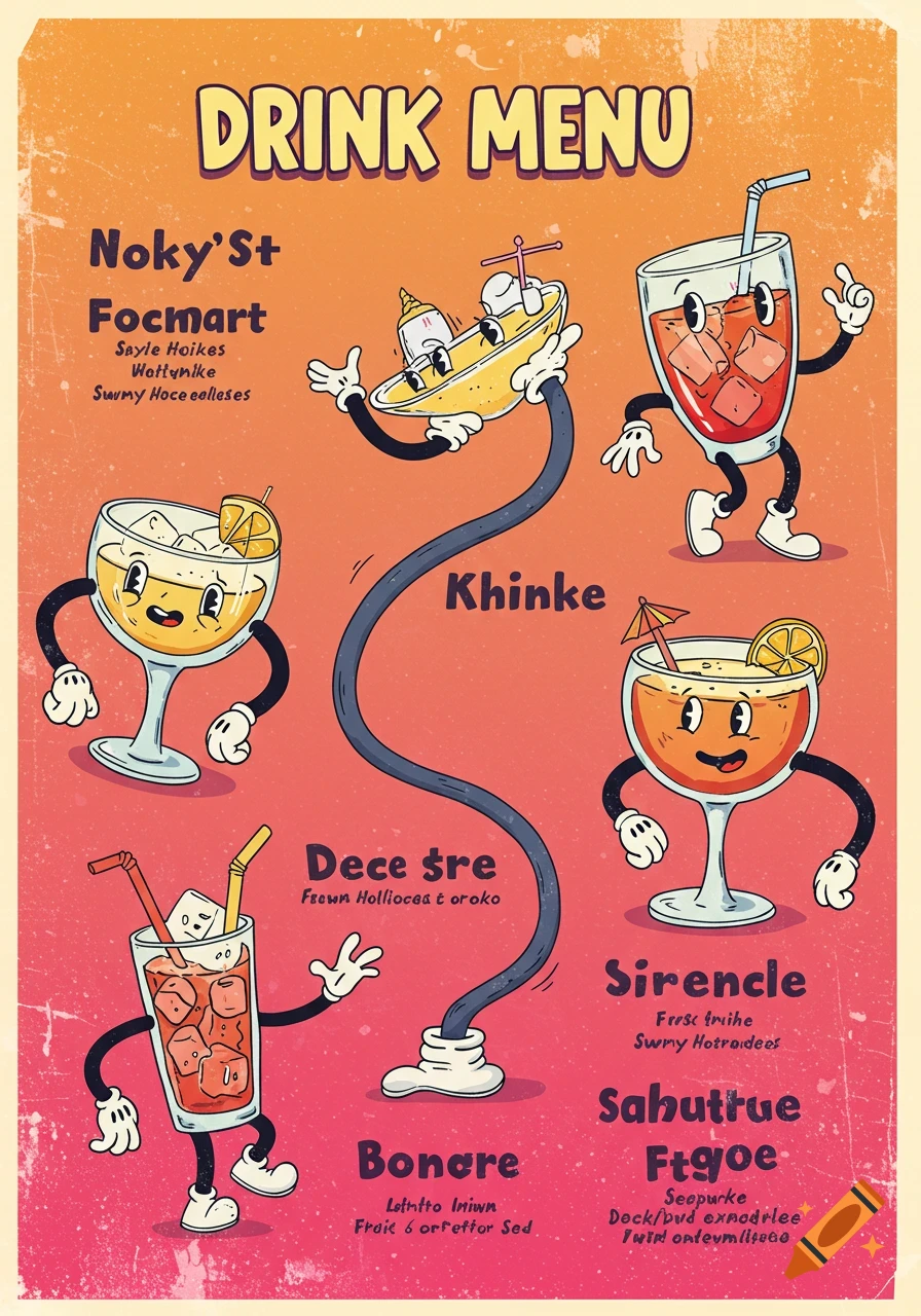 Drink menu template in rubber hose cartoon art style for google search optimization