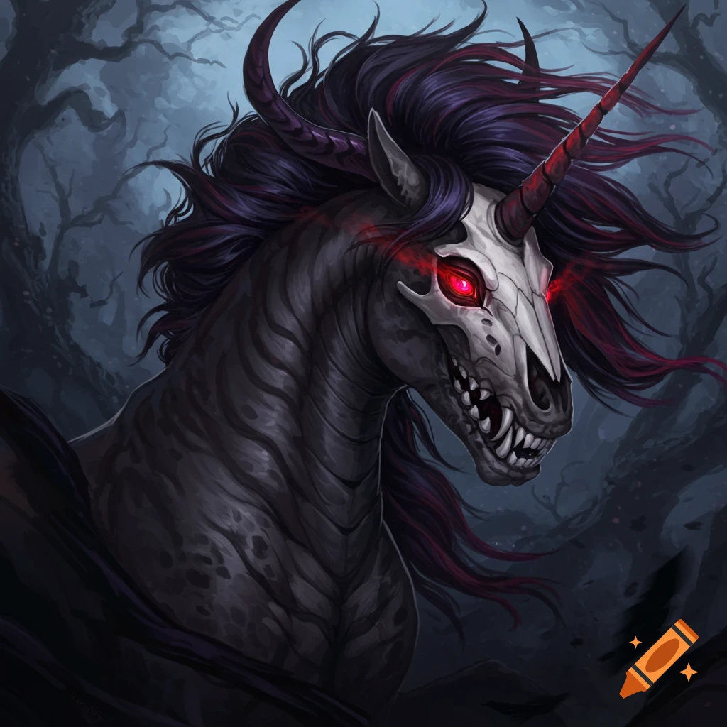 Dark fantasy illustration of an evil unicorn with a skeletal face and glowing red eyes in a spooky forest.