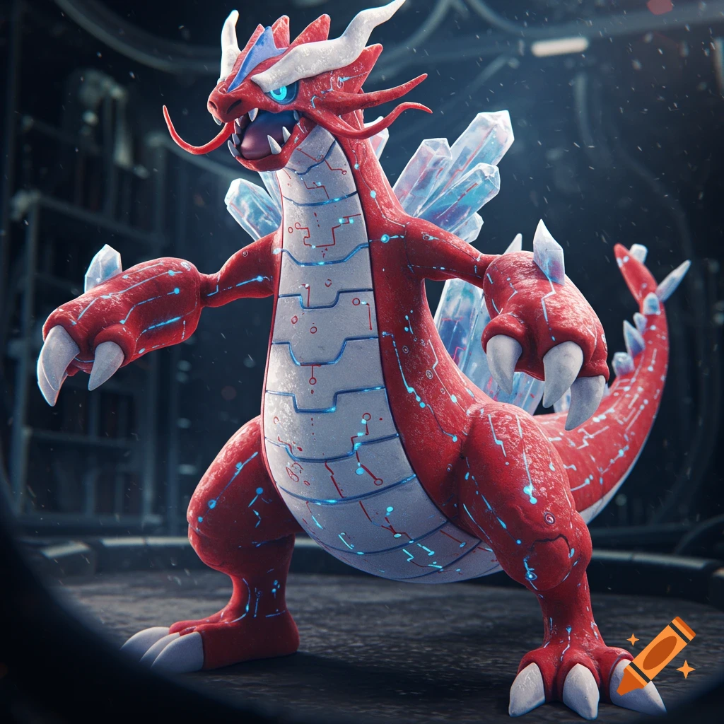 A red and white creature resembling a dragon-type Pokemon with circuit patterns and blue crystals stands in a dark, futuristic setting.