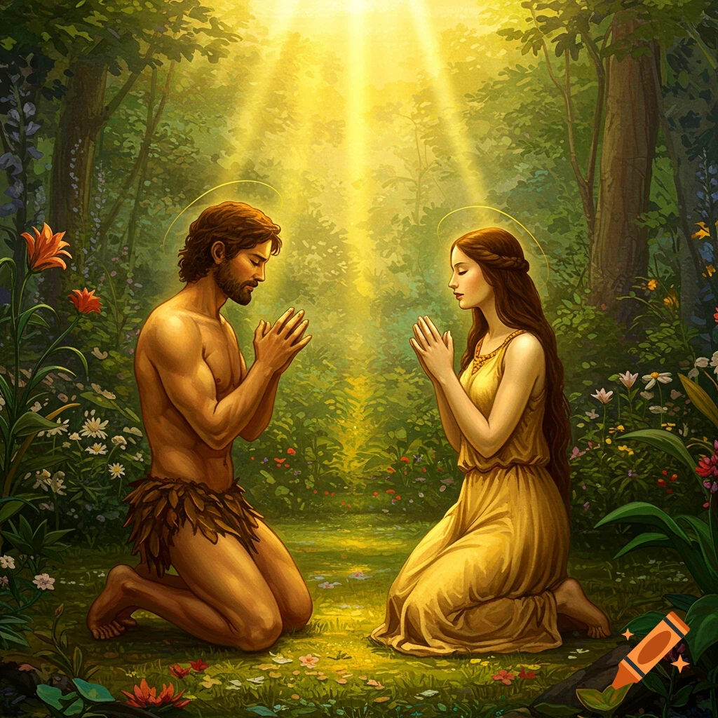 Adam and Eve kneel praying in a lush, sunlit garden.