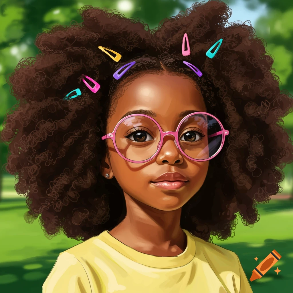 Illustration of a young Black girl with curly hair, pink glasses, and colorful hair clips in a park.