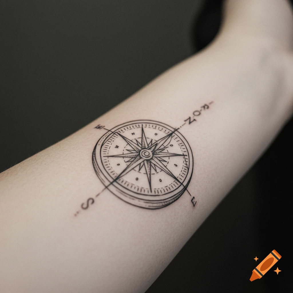 Fine line tattoo of a compass