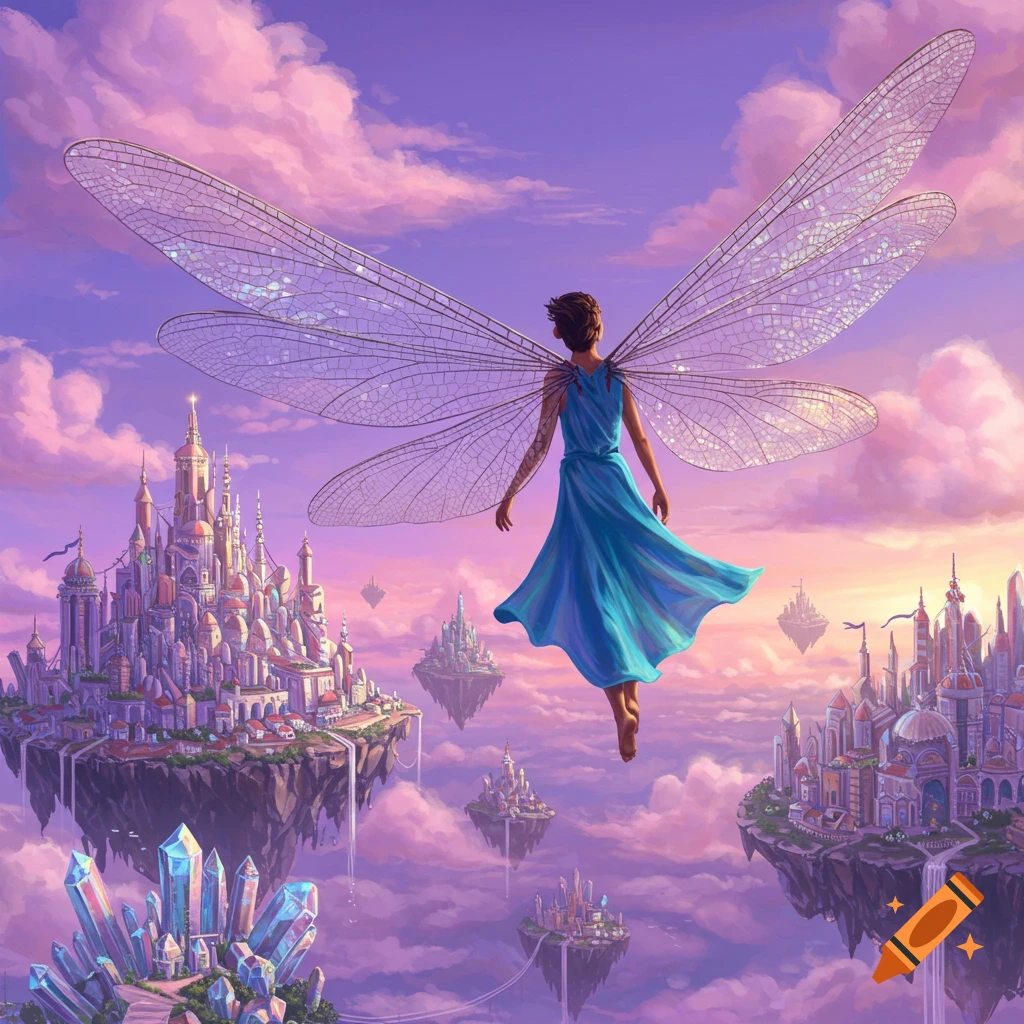 A person with large clear wings flies over fantasy floating islands with cities and crystals.