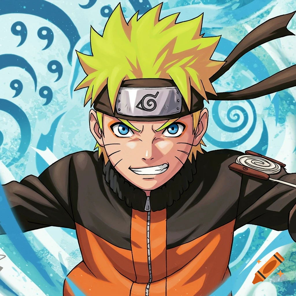 Headshot of the anime character Naruto smiling, with blue eyes, spiky blonde hair, and an orange jacket, against a blue swirling background.
