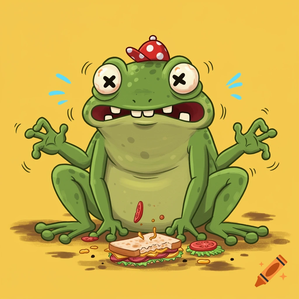 Cartoon frog looking stressed or angry near a dropped sandwich and scattered food on the floor.