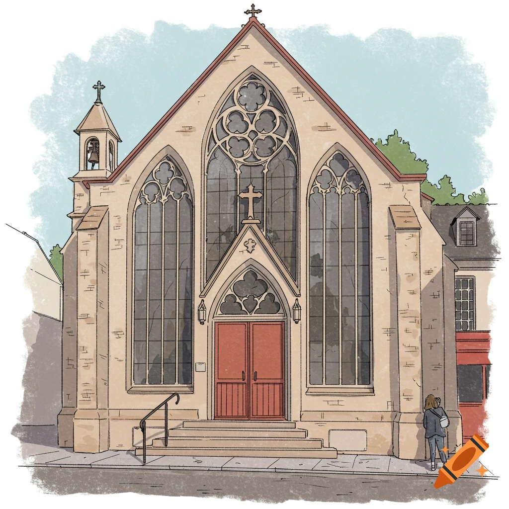 Minimalist illustration of a church with a bell tower, large windows, and red doors, with a person standing on the sidewalk.