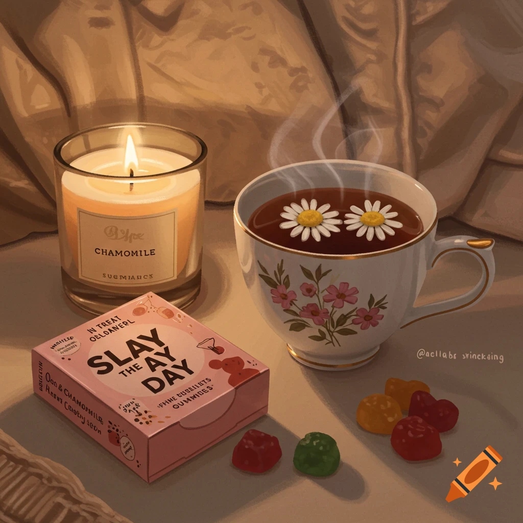 Candle, cup of chamomile tea, and 'Slay the Day' gummies in a gift box