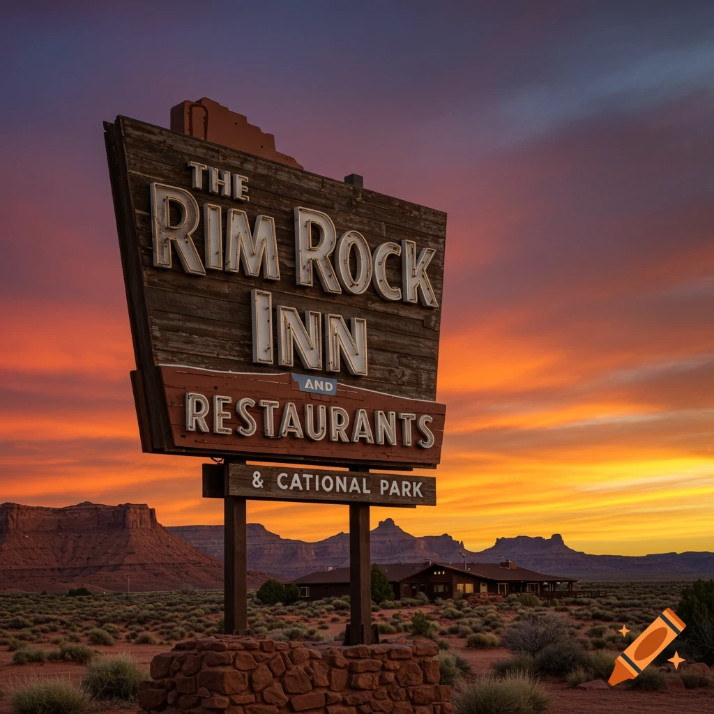 Retro sign for The Rim Rock Inn and Restaurants at sunset in a desert landscape.