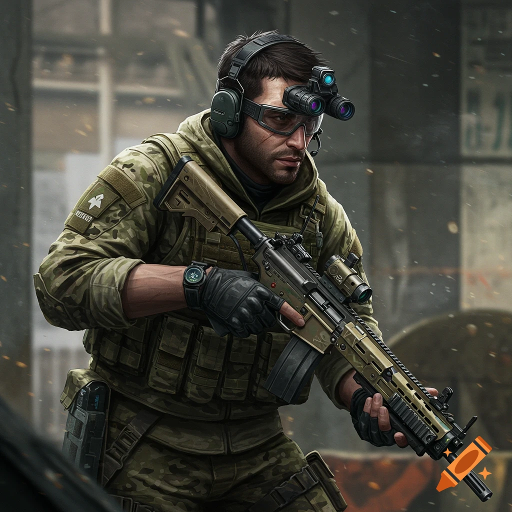 Illustrated tactical soldier in camouflage with rifle and gear in a ruined city environment.