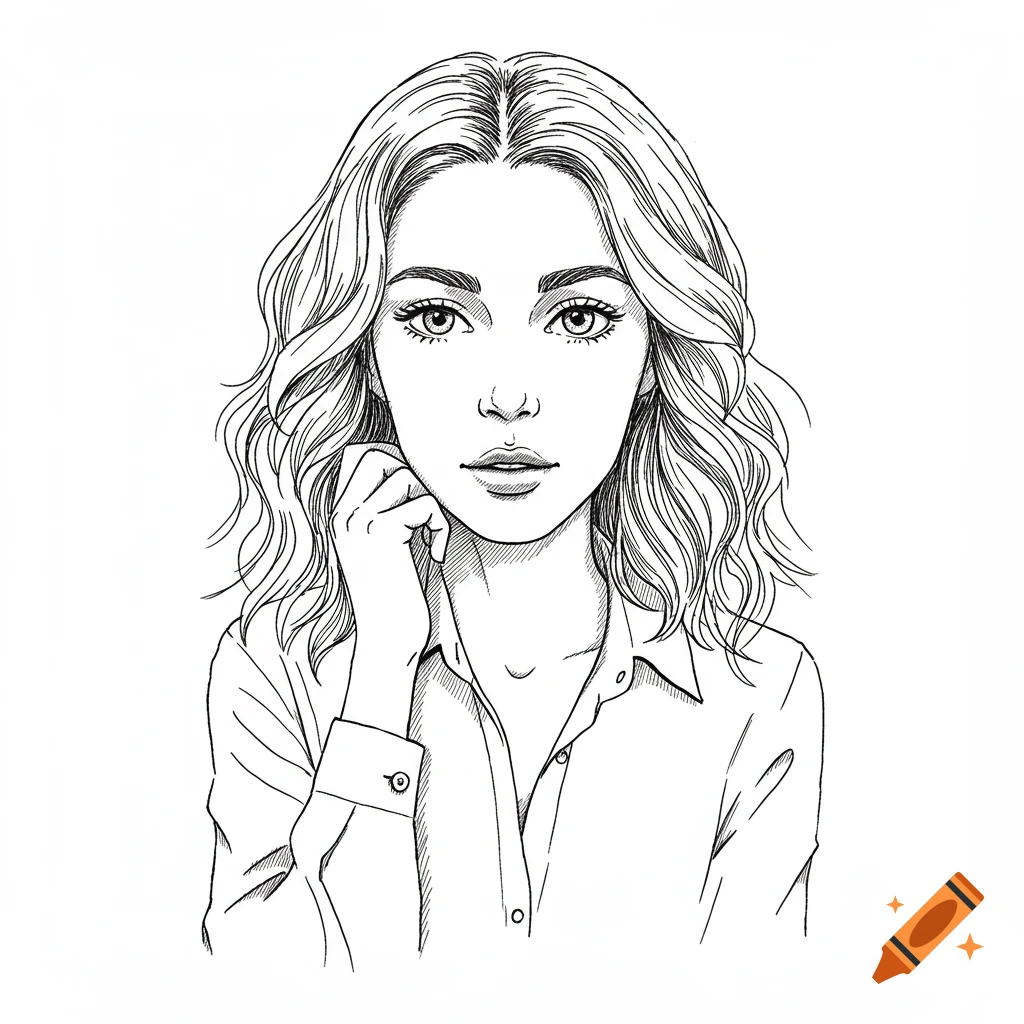 Black and white line art portrait drawing of a young woman.