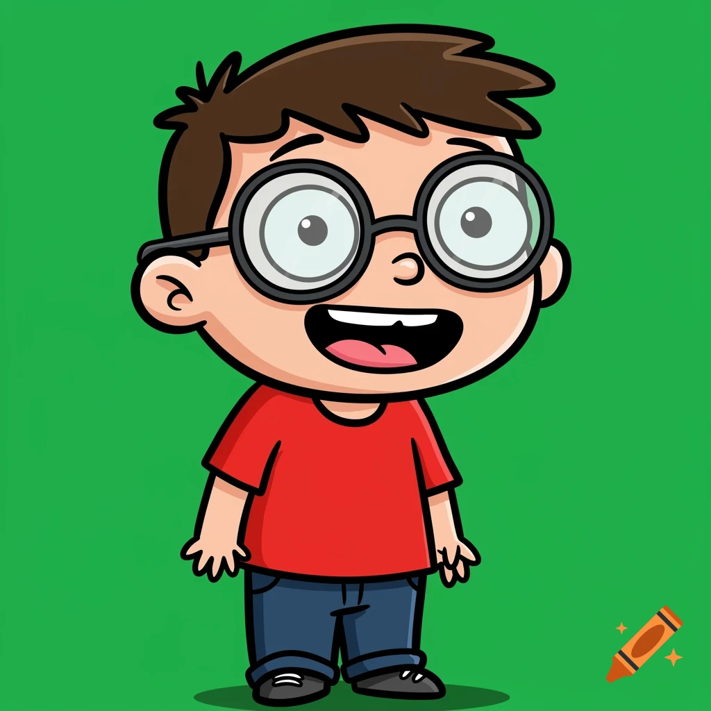 A cartoon boy with glasses smiling