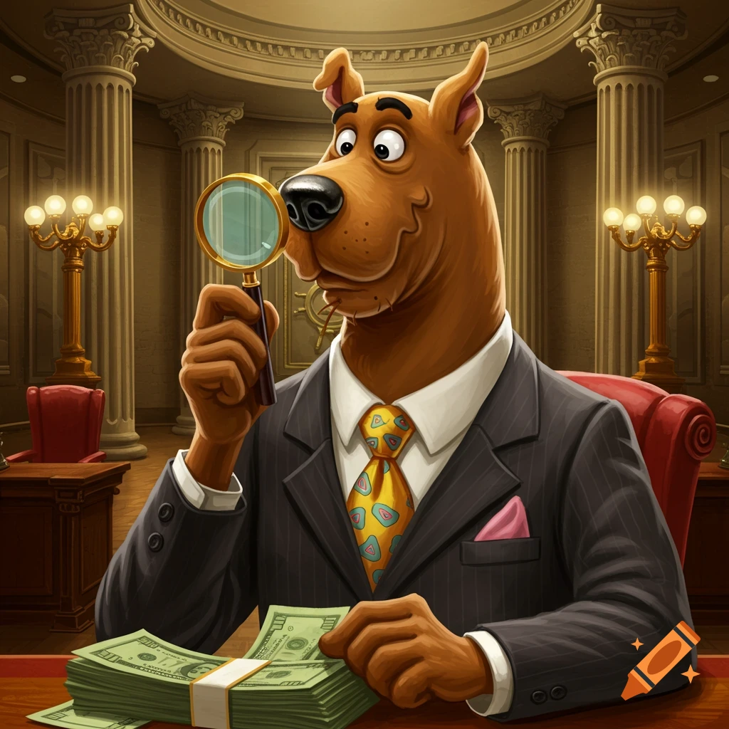 Scooby Doo in a suit examines a stack of money with a magnifying glass in a formal building.