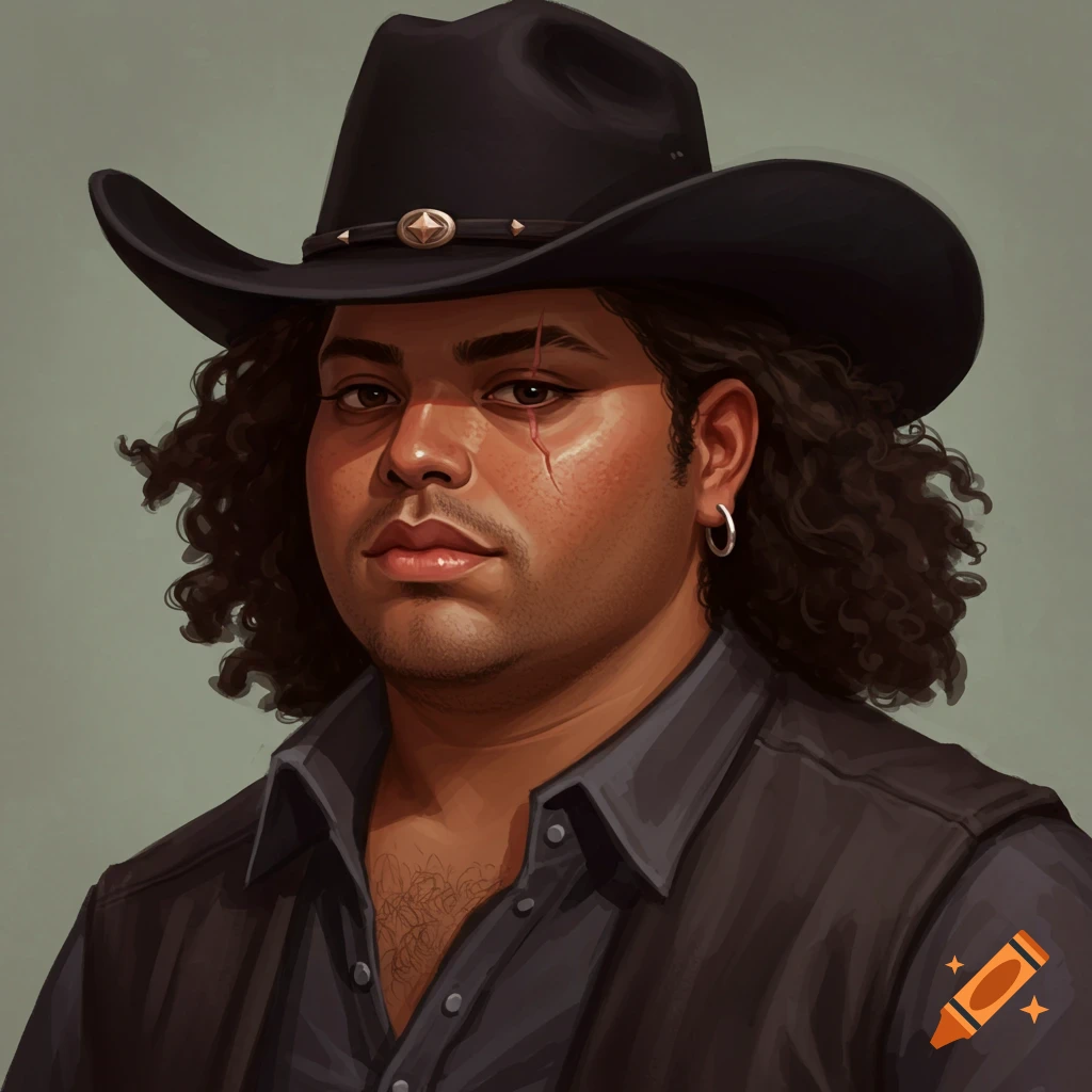 Drawing of a chubby brown skinned man with a black cowboy hat