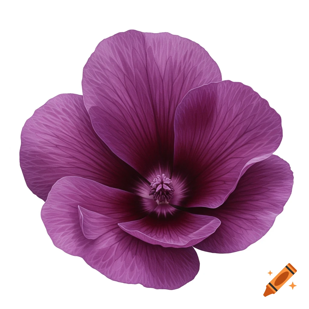 A detailed close-up of a purple flower with a dark center on a white background.