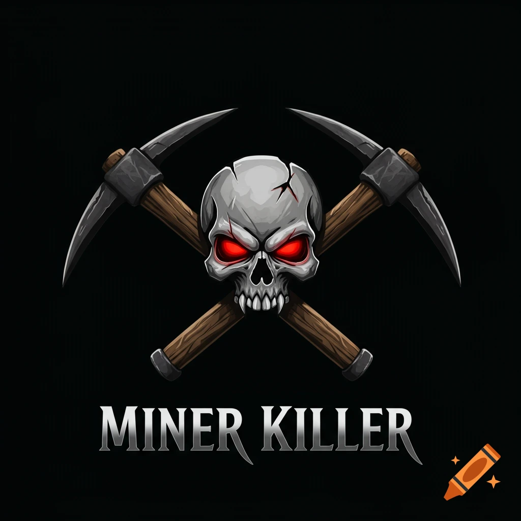 Logo featuring a skull with glowing red eyes and crossed pickaxes, with the text MINER KILLER below.