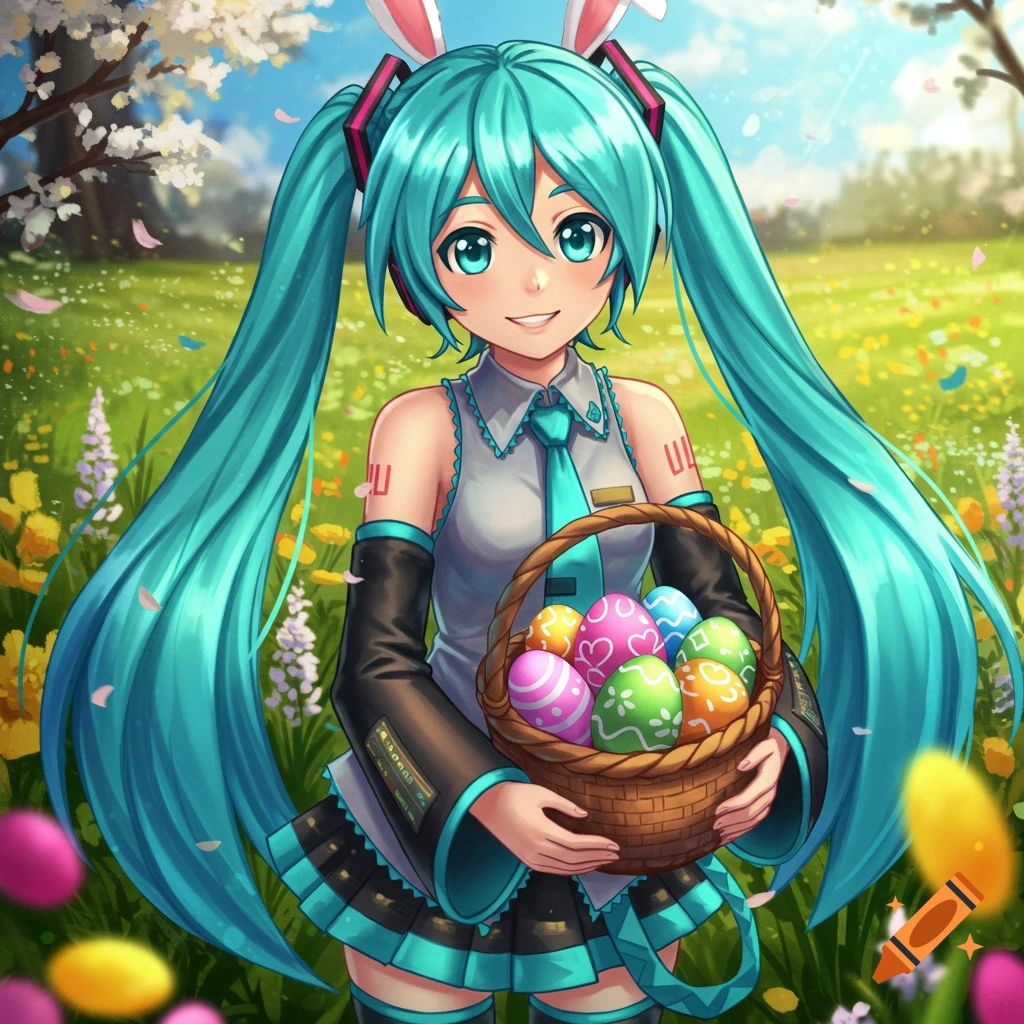 Hatsune Miku holding a basket of Easter eggs