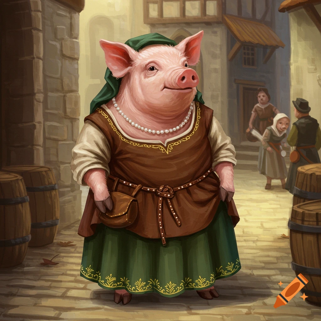 A pig dressed in medieval clothing stands in a cobbled street.