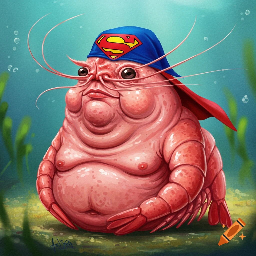 A fat, pink, humanoid shrimp wearing a blue Superman cap and red cape sits on the ocean floor.