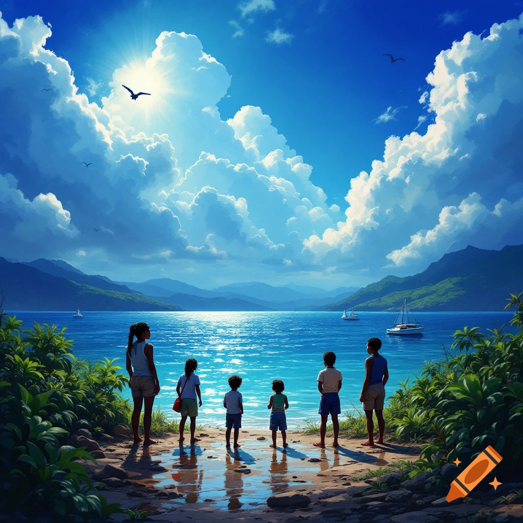 Children and adults look out at a sunny bay with mountains and boats from a beach path.