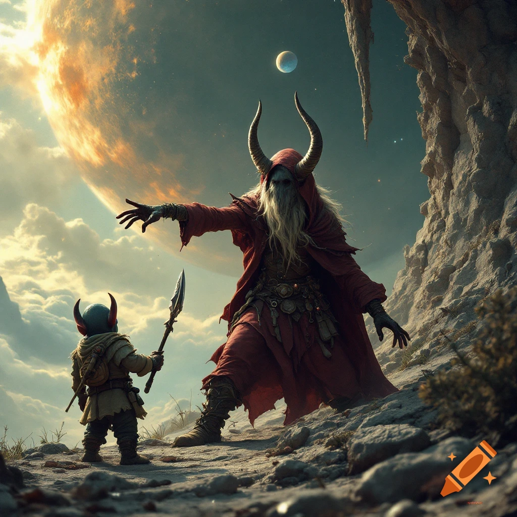 A large figure in a red cloak with horns and a long beard gestures towards a small horned figure holding a spear on a rocky landscape under a sky with clouds and a large planet.