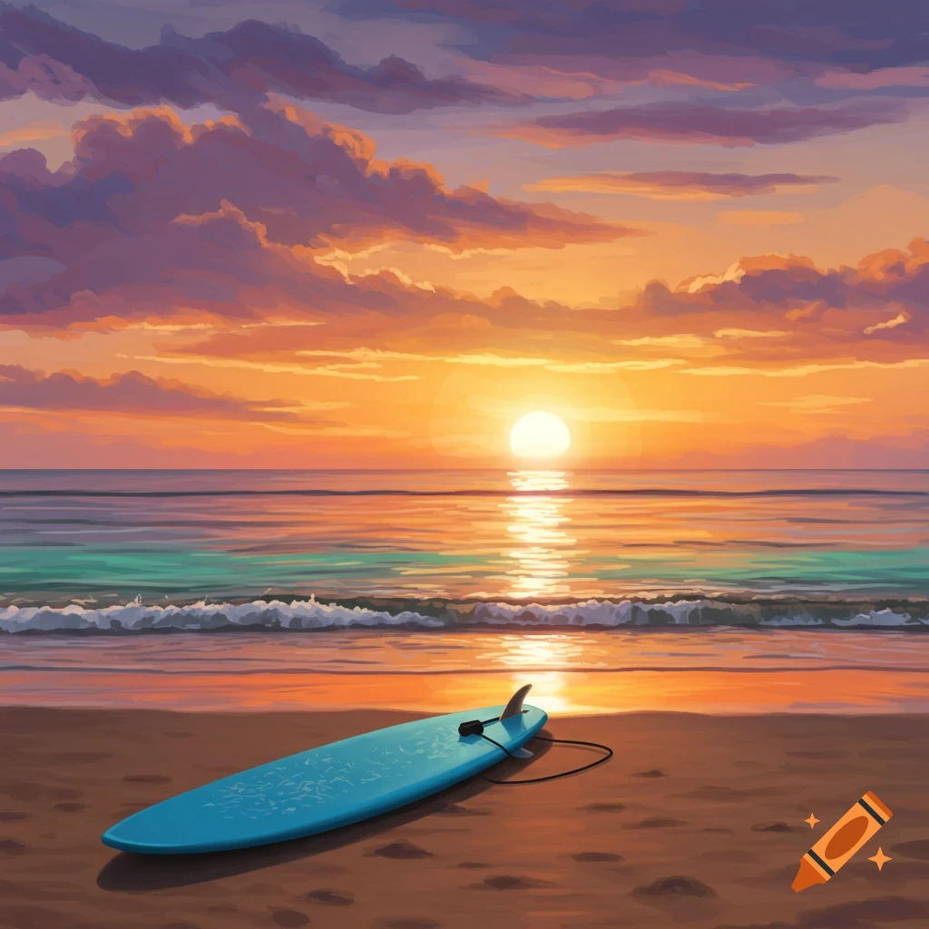 A blue surfboard rests on a beach during sunset in a painted style.
