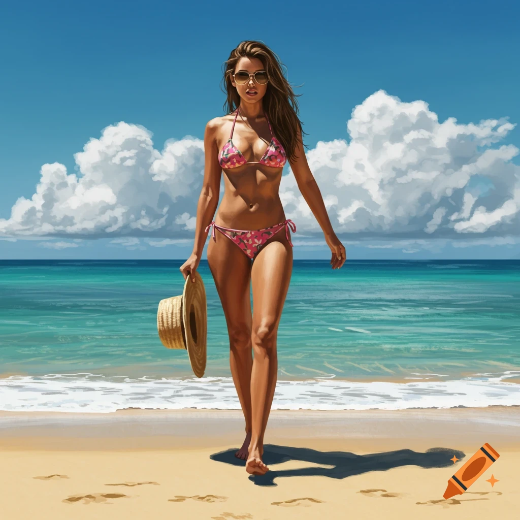 Woman in a bikini walking on a beach, painted illustration style