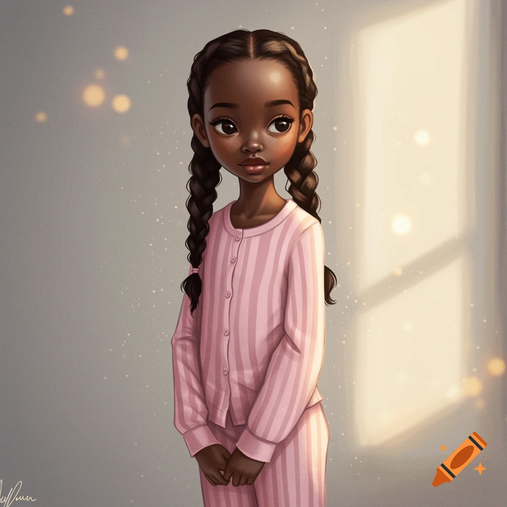 Illustration of a young Black girl with braided pigtails wearing pink striped pajamas, standing by a window.