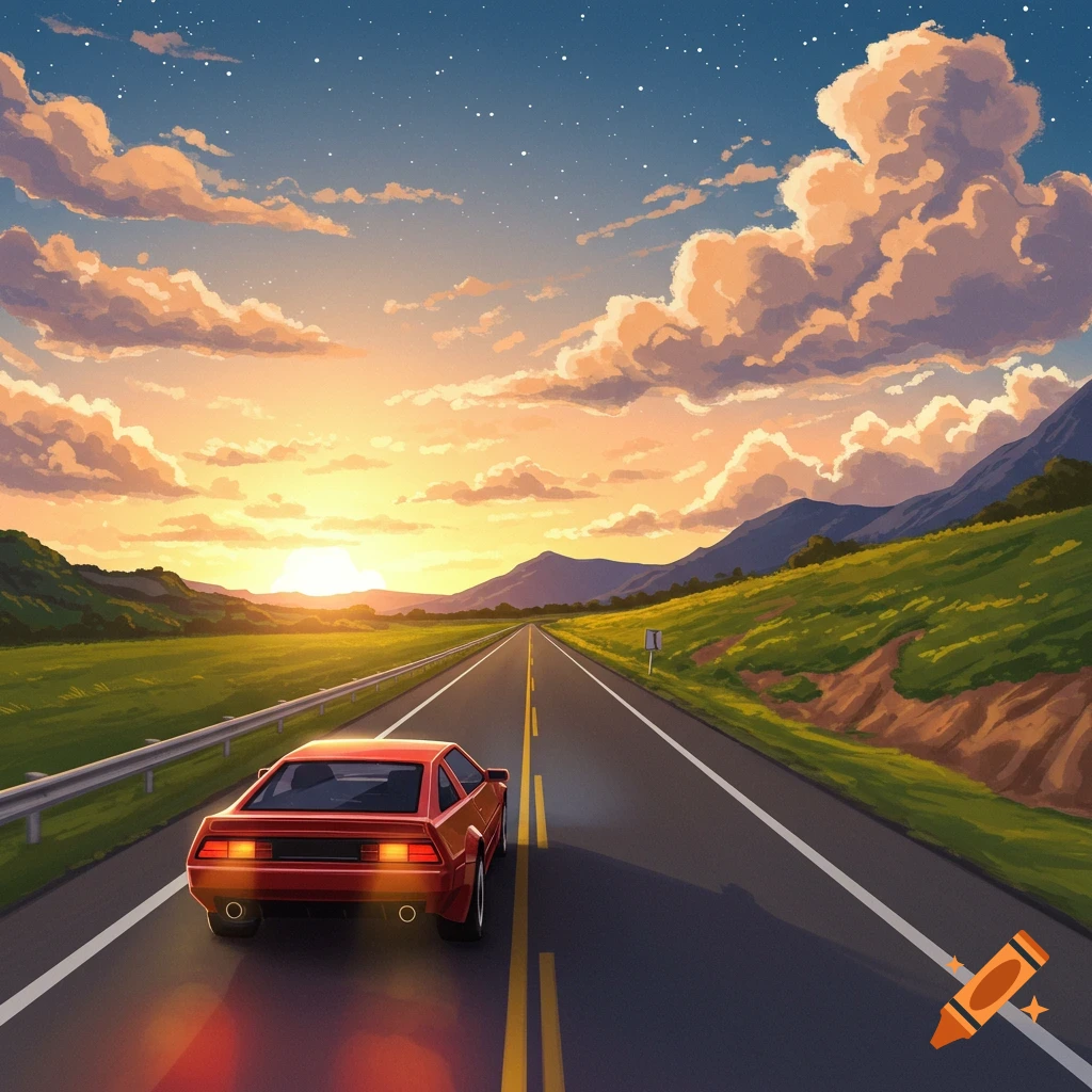 A red sports car drives down a highway towards a vibrant sunset over mountains and green hills.