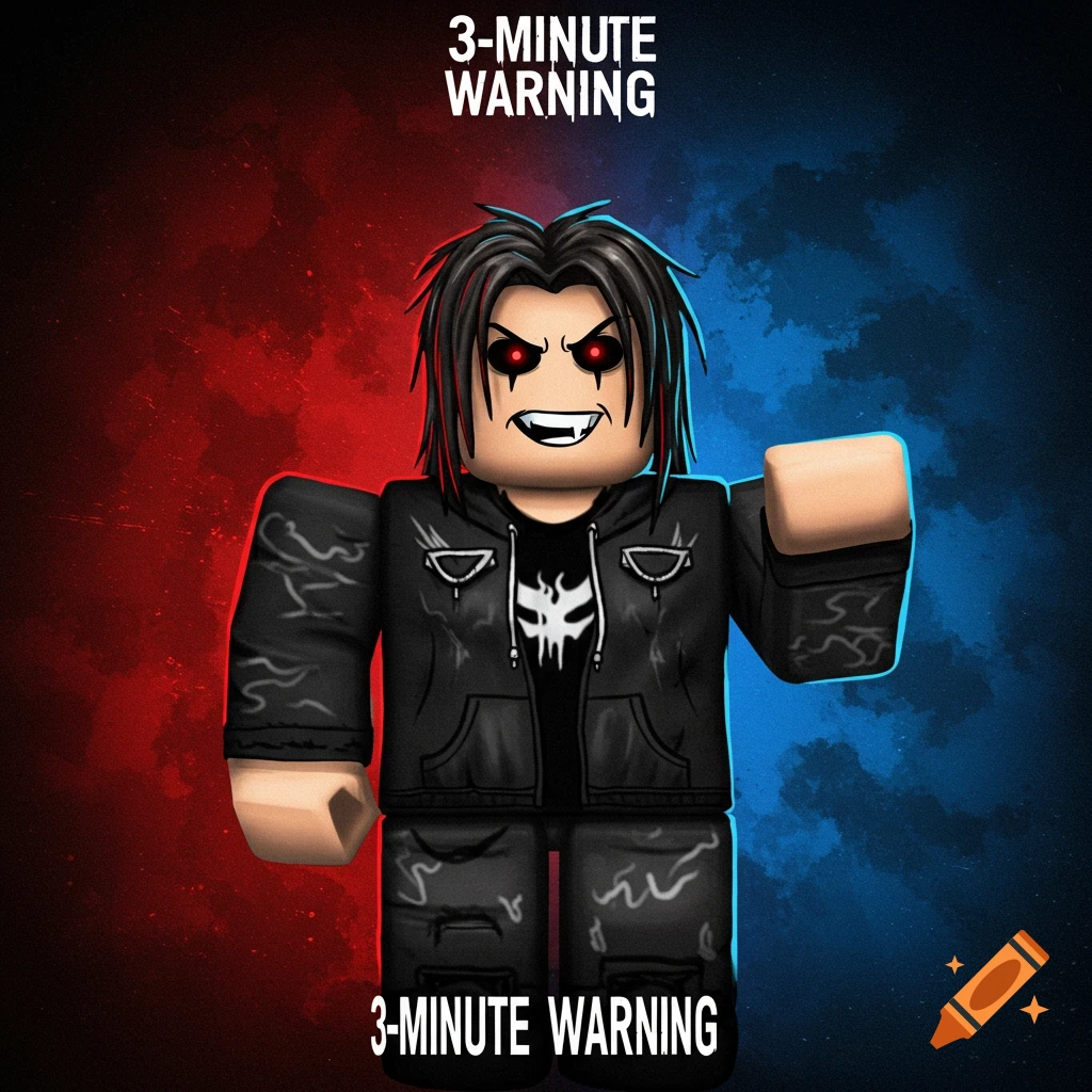 Roblox-style goth character with red eyes and fangs against red and blue smoke background. Text reads '3-MINUTE WARNING'.