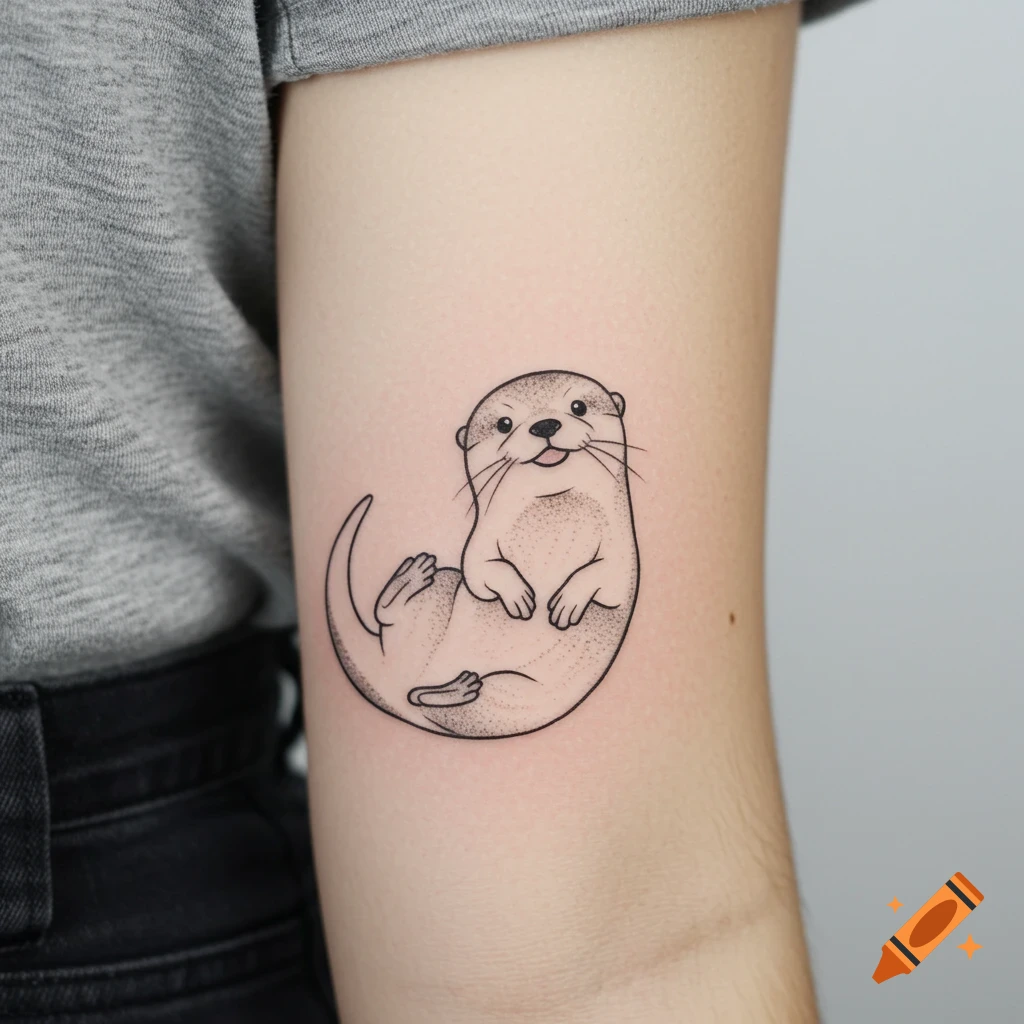 Cute line drawing otter tattoo on an arm