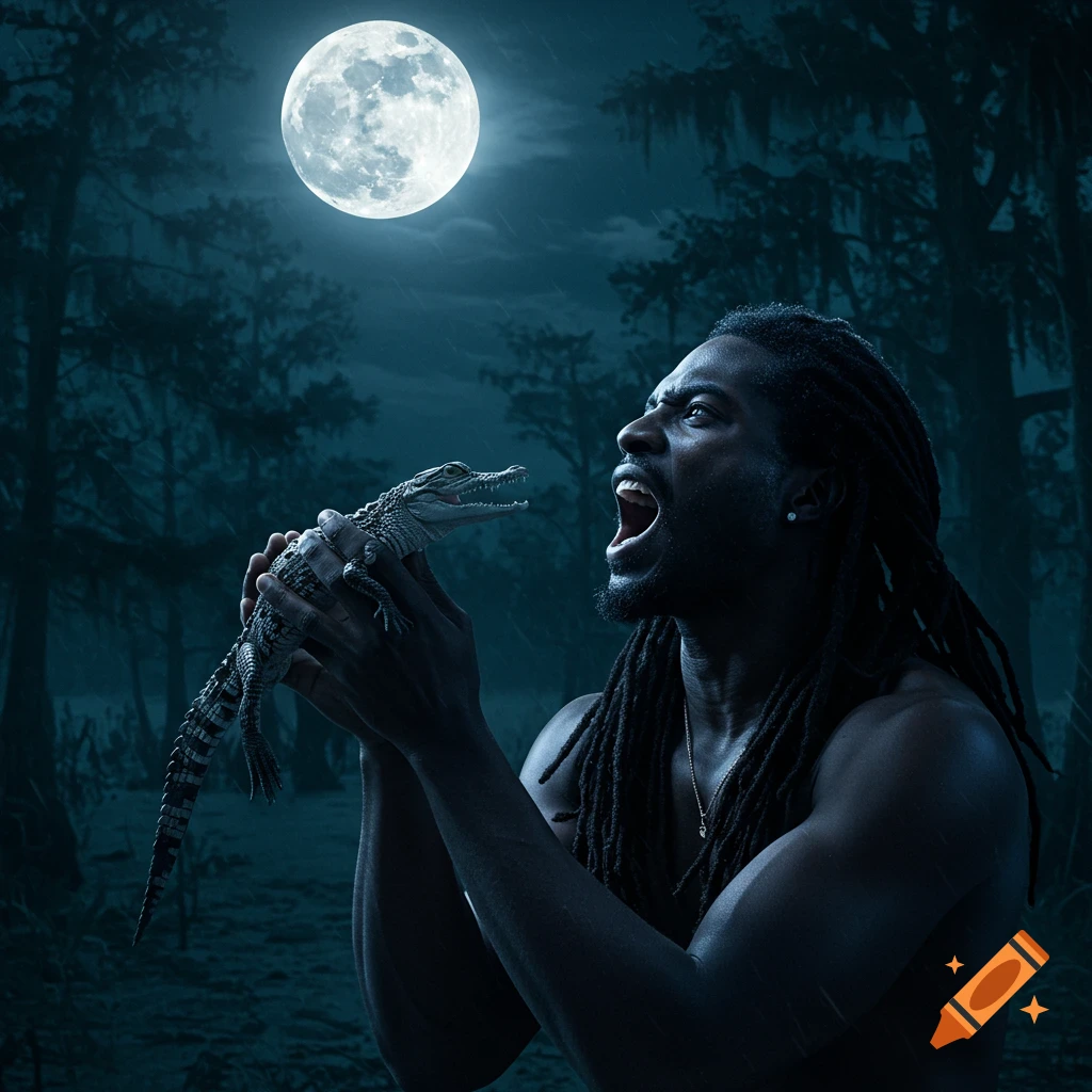 Black man with dreads holding a baby crocodile yelling at a full moon